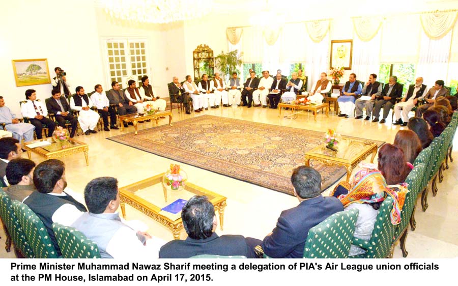 prime minister nawaz sharif meeting a delegation of pia 039 s air league union officials at pm house in islamabad on april 17 2015 photo pid