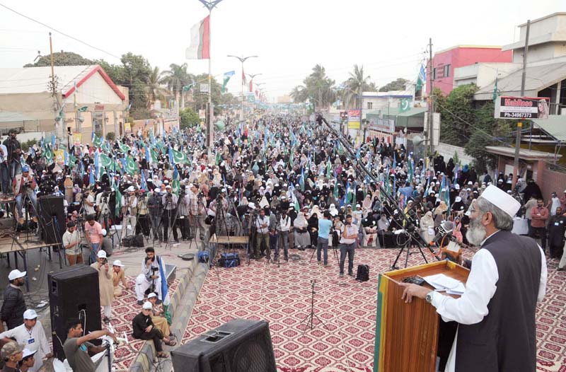 jamaat e islami chief sirajul haq speaks at a campaign rally held in support of rashid nasim ji s candidate for na 246 by polls in karachi photo mohammad noman express