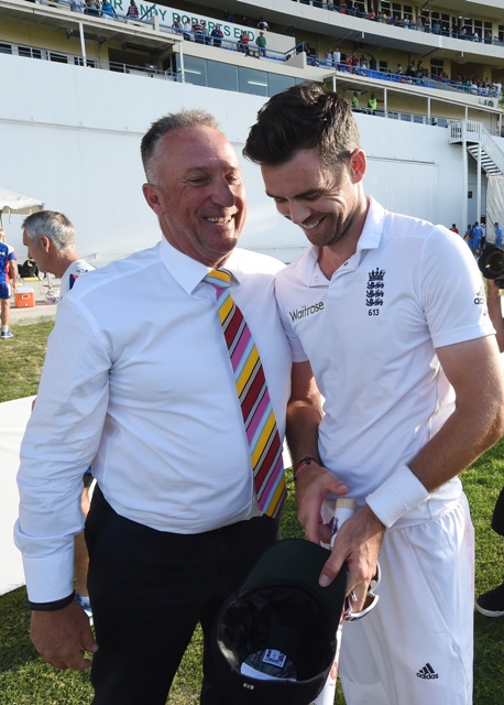 english fast bowler james anderson r talks with former record holder ian botham l after anderson became the highest ever english wicket taker with 384 after taking the wicket of west indies captain denesh ramdin on day five of the first cricket test match between west indies and england at the sir vivian richards stadium in st john 039 s antigua on april 17 2015 anderson has taken the record from previous holder ian botham on 383 photo afp
