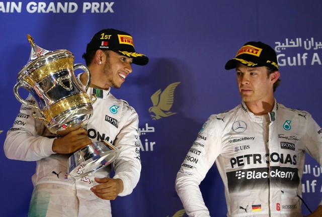 dominant unlike last season when hamilton beat teammate rosberg from second place on the grid in a wheel to wheel battle the briton was untroubled by the german who finished third after fighting the ferraris photo afp