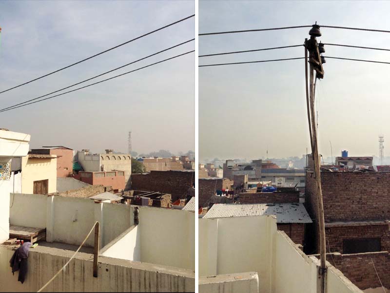 a wooden pole set up by a resident of bihari colony in his house to support the dangerous wires photos zahidunnisa express
