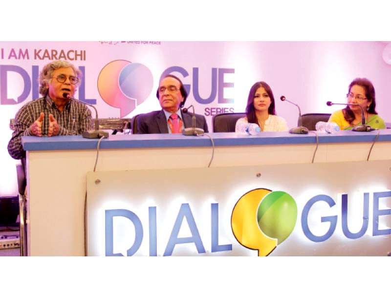 speakers ghazi salahuddin khalid amin sadaf mehmood and rumana husain shed light on the importance of heritage at the fifth dialogue session organised by i am karachi photo aysha saleem express