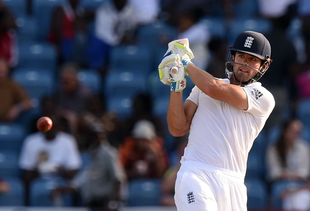 england 039 s team captain alastair cook plays a shot during day two of the second test cricket match between the west indies and england at the grenada national stadium in saint george 039 s on april 22 2015 west indies scored 299 10 at the end of their first innings photo afp