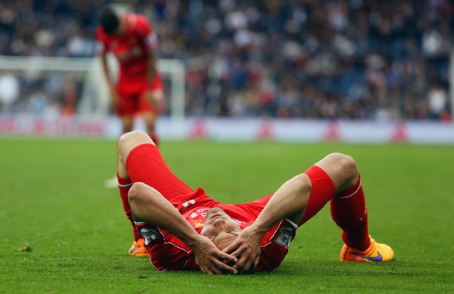 liverpool 039 s croatian defender dejan lovren reacts after missing a final minute chance on goal during the english premier league football match between west bromwich albion and liverpool at the hawthorns in west bromwich central england on april 25 2015 photo afp