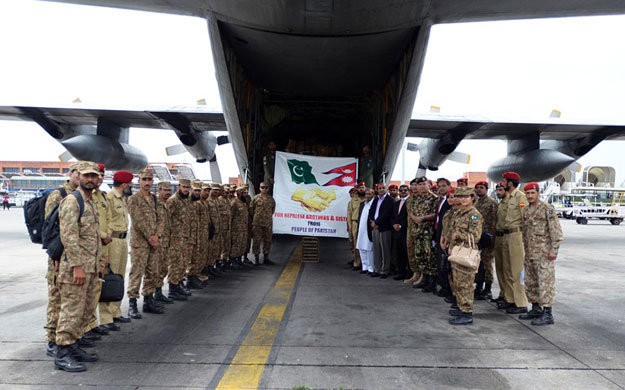 pakistan army rescue and relief contingent comprising doctors engineers and rescue teams seen shortly after arrival at katmandu airport nepal photo online