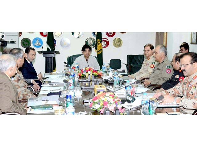 interior minister chaudhry nisar ali khan chairing the meeting of heads of civilian armed forces in islamabad on monday photo pid