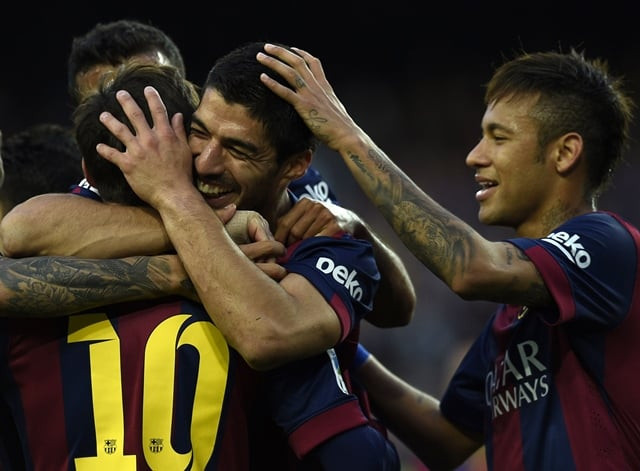 topshots barcelona 039 s uruguayan forward luis suarez c barcelona 039 s brazilian forward neymar da silva santos junior r and barcelona 039 s argentinian forward lionel messi l celebrate after scoring a goal during the spanish league football match fc barcelona vs getafe at the camp nou stadium in barcelona on april 28 2015 photo afp topshots barcelona 039 s uruguayan forward luis suarez c barcelona 039 s brazilian forward neymar da silva santos junior r and barcelona 039 s argentinian forward lionel messi l celebrate after scoring a goal during the spanish league football match fc barcelona vs getafe at the camp nou stadium in barcelona on april 28 2015 photo afp