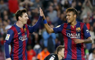 messi suarez neymar hit century mark in barca rout