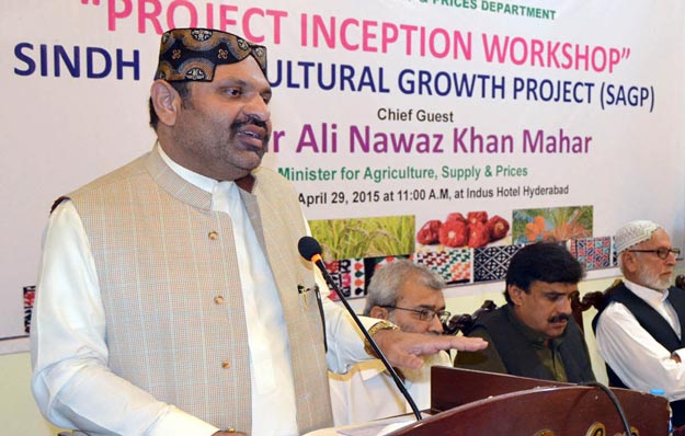 sindh agriculture minister ali nawaz khan mahar addressing the inaugration ceremony of a 76 million project aimed at bolstering the income of small and medium farmers and crop productivity photo nni