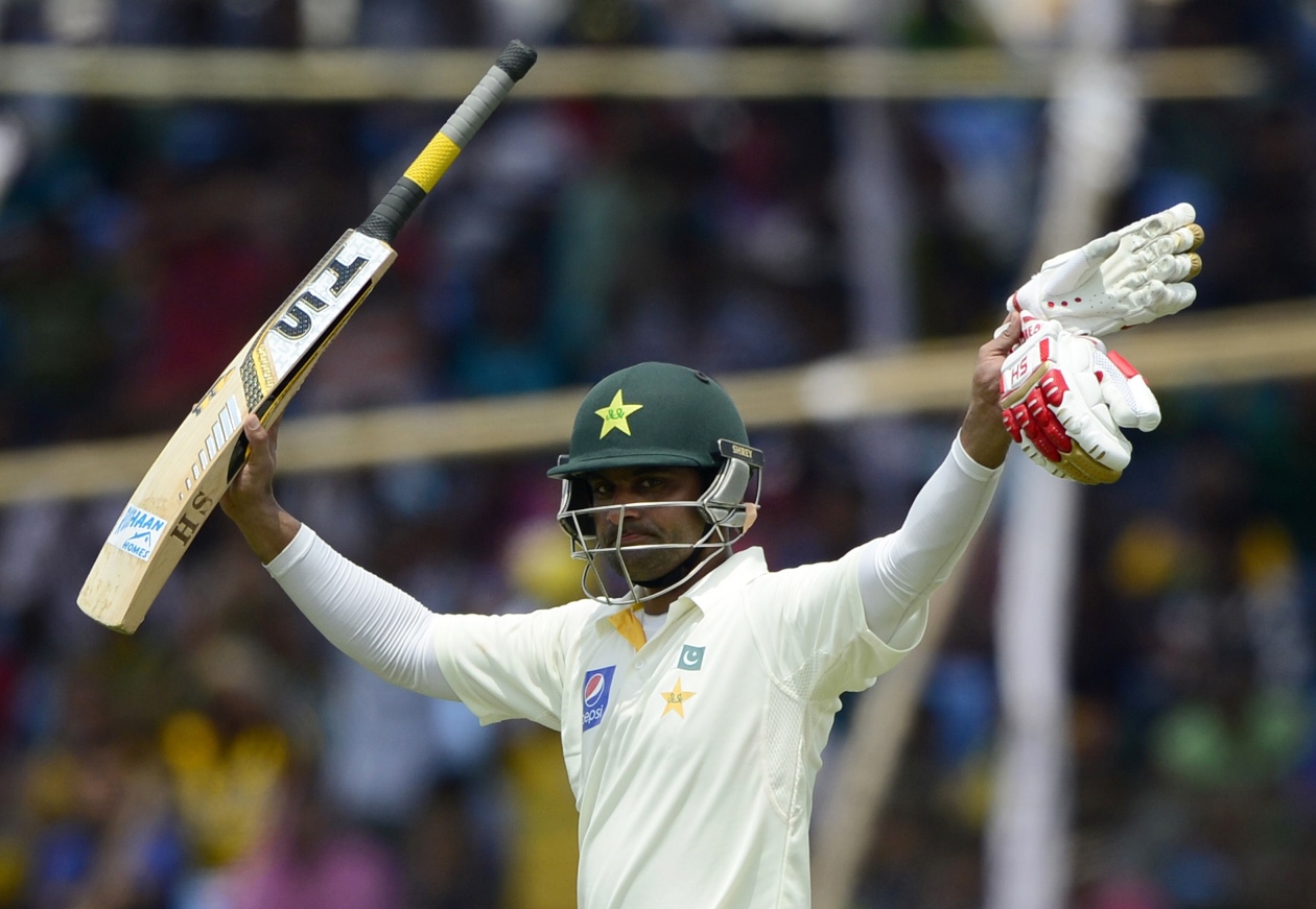 pakistan cricketer mohammad hafeez reacts after scoring a double century 200 runs during the third day of the first cricket test match between bangladesh and pakistan at the sheikh abu naser stadium in khulna on april 30 2015 photo afp