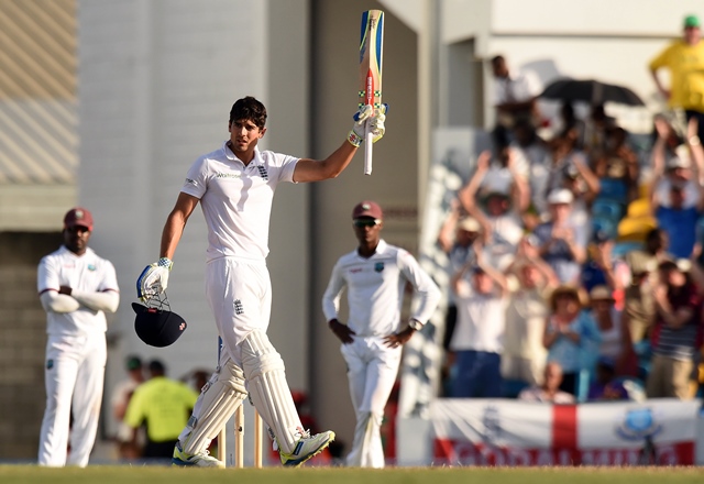 england 039 s cricket team captain alastair cook celebrates scoring his century during the first day of the final match of a three match test series between england and west indies at the kensington oval stadium in bridgetown on may 1 2015 photo afp