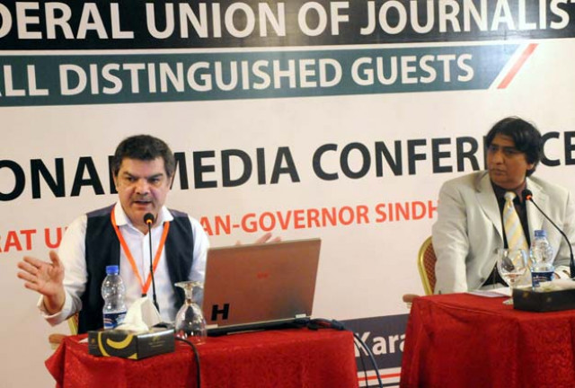 tv anchor mubashir luqman speaking at a session photo express
