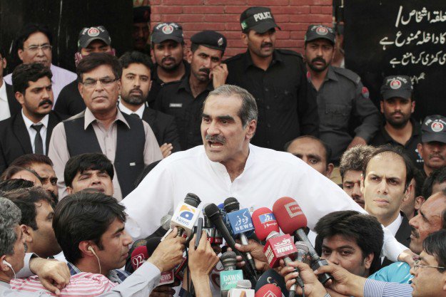 saad rafiq addressing media outside election tribunal in lahore on monday photo shafiq malik express