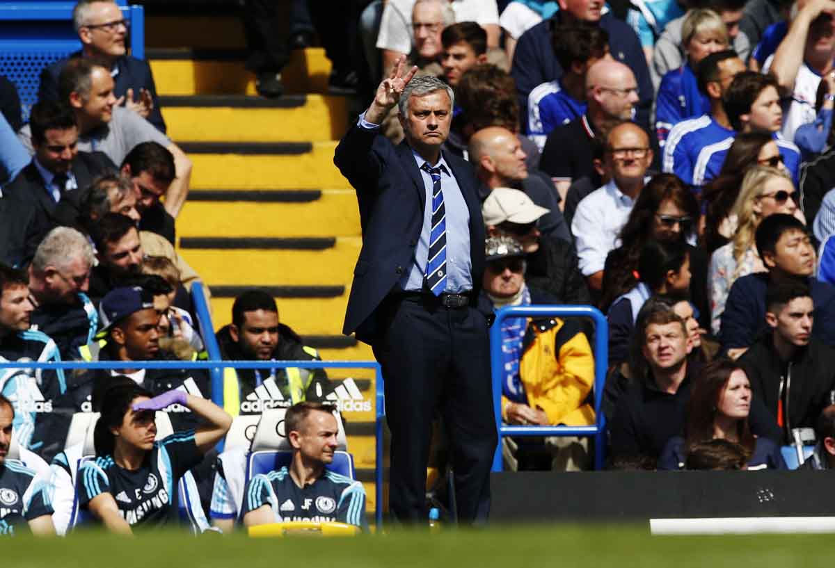 chelsea manager jose mourinho gesticulates during his side 039 s win against crystal palace on sunday chelsea won the match 1 0 and sealed another epl crown   the third for mourinho photo reuters