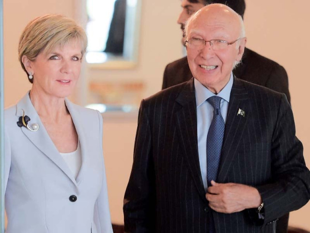 julie bishop arrives with sartaj aziz at the foreign ministry photo afp julie bishop arrives with sartaj aziz at the foreign ministry photo afp