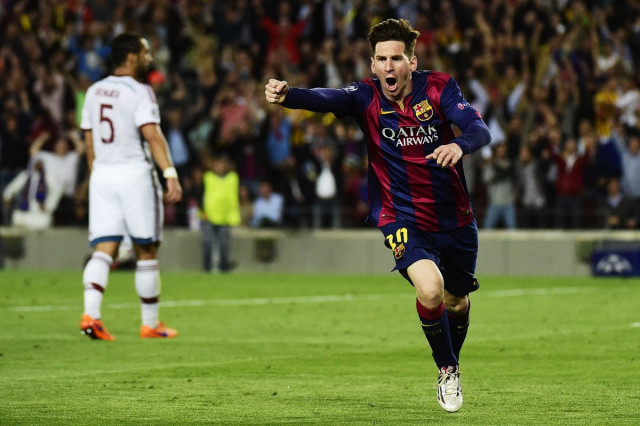 barcelona 039 s argentinian forward lionel messi celebrates after scoring during the uefa champions league football match fc barcelona vs fc bayern muenchen at the camp nou stadium in barcelona on may 6 2015 photo afp barcelona 039 s argentinian forward lionel messi celebrates after scoring during the uefa champions league football match fc barcelona vs fc bayern muenchen at the camp nou stadium in barcelona on may 6 2015 photo afp