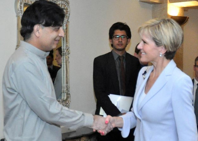 interior minister chaudhry nisar ali khan welcoming the australian foreign minister julie bishop on wednesday photo pid interior minister chaudhry nisar ali khan welcoming the australian foreign minister julie bishop on wednesday photo pid