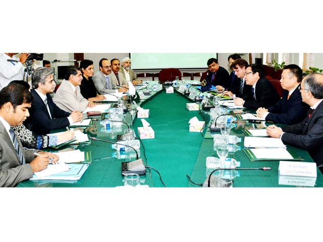 secretary economic affairs division saleem sethi in a meeting with adb vice president wencai zhang in islamabad on tuesday photo pid