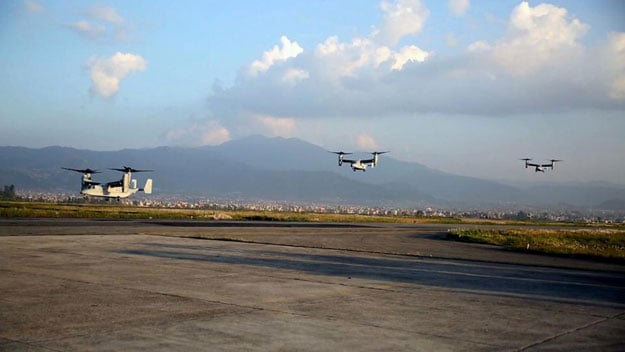 this may 3 2015 us marine corps handout photo shows marine v 22 ospreys flying into tribhuvan international airport in kathmandu nepal photo afp