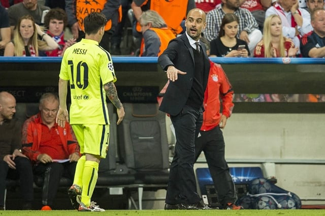 barcelona 039 s argentinian forward lionel messi l is to shake hands with bayern munich 039 s spanish head coach pep guardiola as he leaves the pitch at half time during the uefa champions league football match semi final fc bayern munich vs fc barcelona in munich on may 12 2015 photo afp barcelona 039 s argentinian forward lionel messi l is to shake hands with bayern munich 039 s spanish head coach pep guardiola as he leaves the pitch at half time during the uefa champions league football match semi final fc bayern munich vs fc barcelona in munich on may 12 2015 photo afp