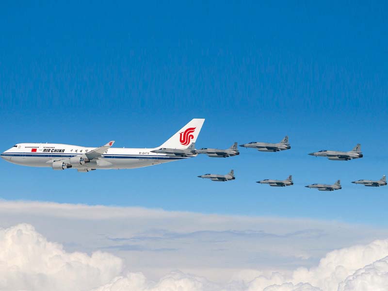 the chinese president s plane is accompanied by paf jf 17 thunders as it enters pakistani airspace photo hamid faraz