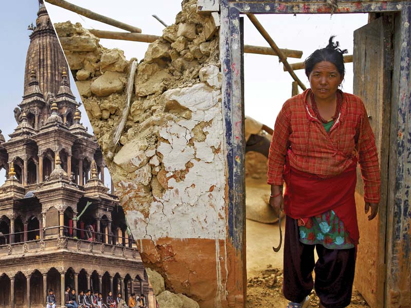 left durbar square in kathmandu the area houses several temples photo credit abdul aziz kazi right a woman walks out from her house which was damaged in the april 25 earthquake at a village on the outskirts of lalitpur nepal photo reuters