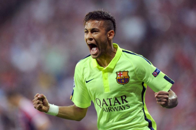 barcelona striker neymar celebrates after scoring against bayern munich during their champions league semi final in munich southern germany on may 12 2015 photo afp barcelona striker neymar celebrates after scoring against bayern munich during their champions league semi final in munich southern germany on may 12 2015 photo afp