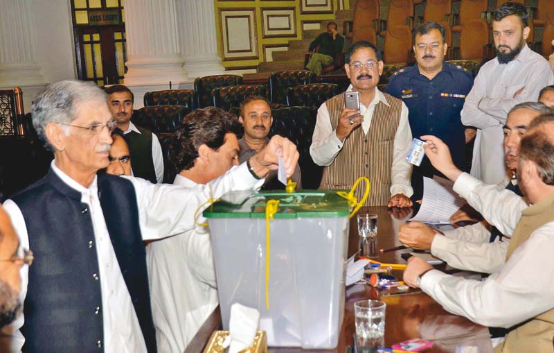 chief minister pervez khattak casts his vote for senate by elections in the k p assembly photo inp