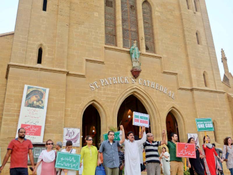 the idea behind the dialogue series was to celebrate the diversity of karachi much like the people above who formed a human chain outside the saint patrick s cathedral situated in saddar the city is home to various places of worship of different religions including christianity hinduism and islam photo file