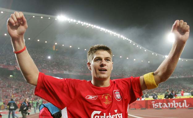 a file picture taken on may 25 2005 shows liverpool 039 s captain steven gerrard celebrating after a 3 2 penalties victory over ac milan in the final of the 2005 uefa champions league after the game was drawn 3 3 at the ataturk stadium in istanbul photo afp