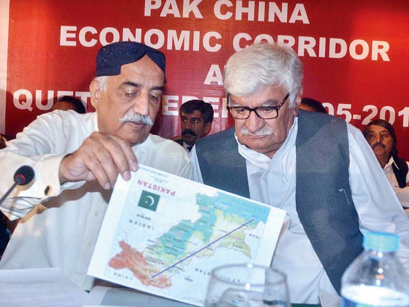 anp chief asfandyar wali and leader of opposition in national assembly khursheed shah discus the pak china economic corridor route alignment photo app