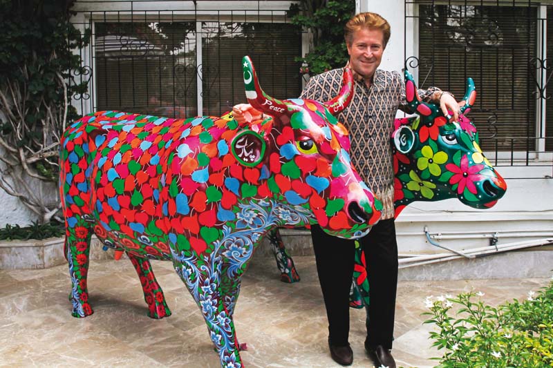 to celebrate the cordial relations between switzerland and pakistan the swiss consulate in karachi has painted two fibreglass cows in pakistani truck art the cows will be on display at jinnah international airport from may 29 to mid august photo express