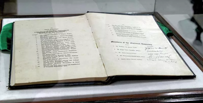 the national museum of pakistan karachi is displaying the original copy of the 1973 constitution of pakistan bearing the signatures of the members of the then national assembly who signed it photo aysha saleem express the national museum of pakistan karachi is displaying the original copy of the 1973 constitution of pakistan bearing the signatures of the members of the then national assembly who signed it photo aysha saleem express