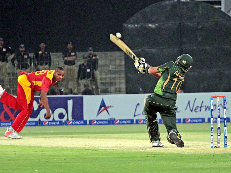 shahid afridi hits the winning boundary with three balls to spare photo shafiq malik express