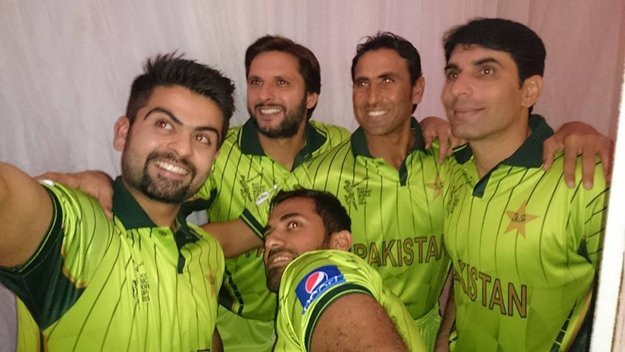 ahmed shehzad posing for a selfie in the new 2015 world cup kit photo twitter