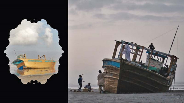chaudhri s piece shows a boat caught between the land and the sea photo courtesy gandhara gallery chaudhri s piece shows a boat caught between the land and the sea photo courtesy gandhara gallery