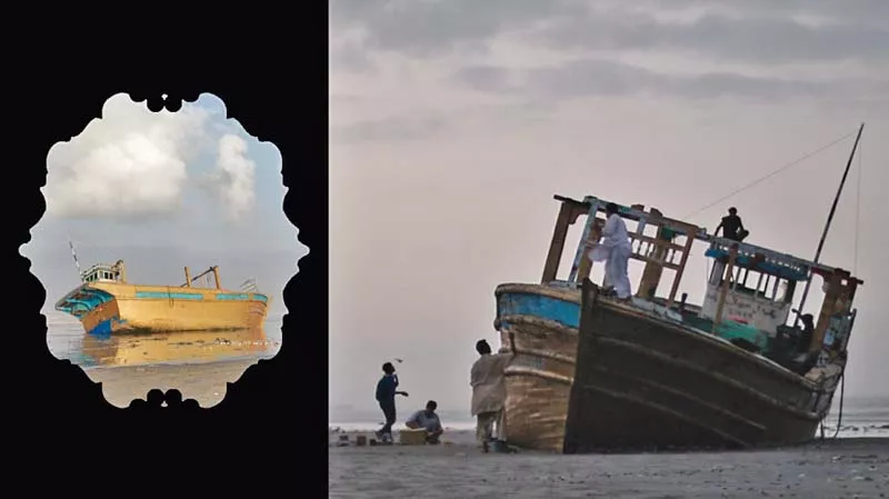 chaudhri s piece shows a boat caught between the land and the sea photo courtesy gandhara gallery chaudhri s piece shows a boat caught between the land and the sea photo courtesy gandhara gallery