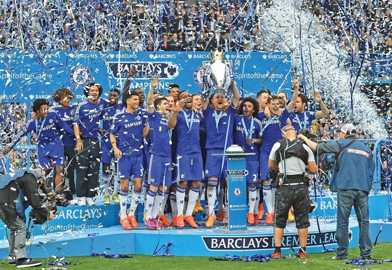 chelsea lift their fifth league trophy and give jose mourinho his third in charge of the blues photo afp