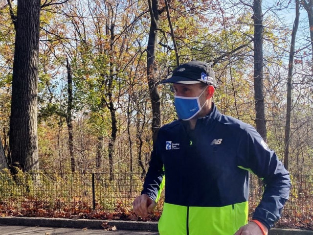thomas panek a blind runner and ceo of guiding eyes for the blind gets ready for a 5k run in central park where he will use google s guideline app instead of help from a human or guide dog in new york us november 19 2020 photo reuters