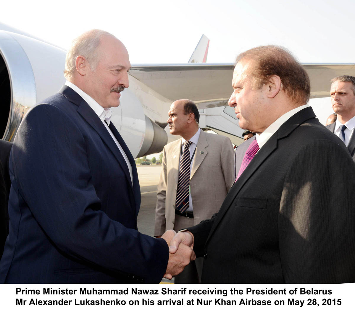 prime minister nawaz sharif receives president of belarus alexander lukashenko at the nur khan airbase on may 28 2015 photo pid