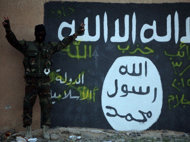 a member of the iraqi pro government forces flashes the v sign for quot victory quot as he stands in front of a mural depicting the islamic state is group 039 s flag on the outskirts of the iraqi town of ad dawr on march 6 2015 photo afp