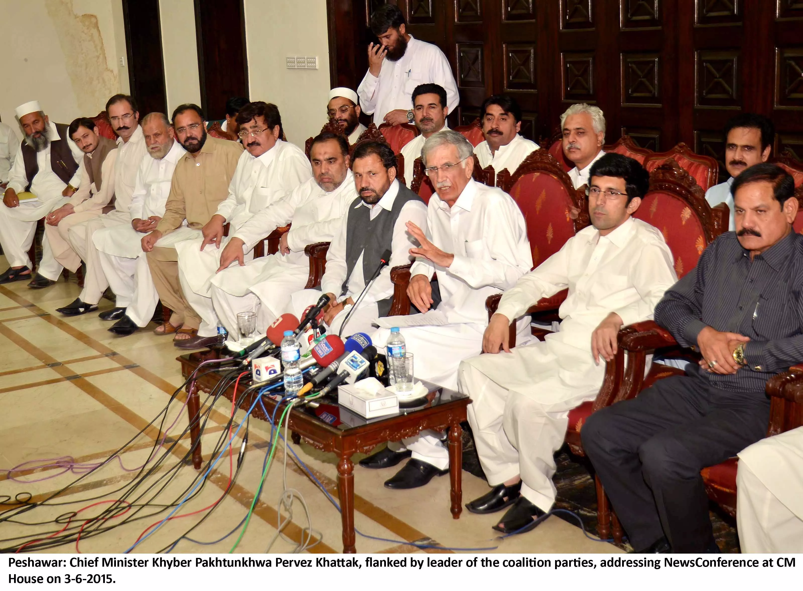 cm k p pervez khattak flanked by leaders of the coalition parties while addressing a press conference photo express cm k p pervez khattak flanked by leaders of the coalition parties while addressing a press conference photo express