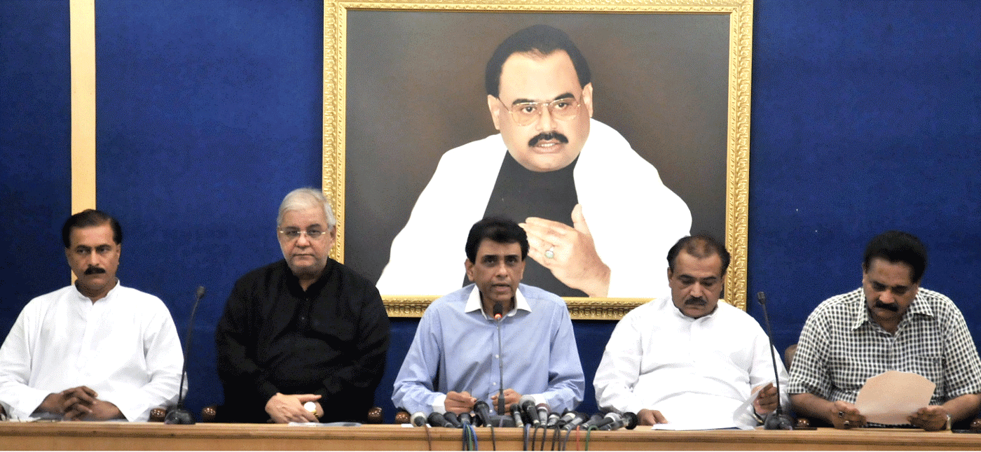 mqm rabita committee members addresss a press conference at party headquarters nine zero in karachi on wednesday june 3 2015 photo mqm