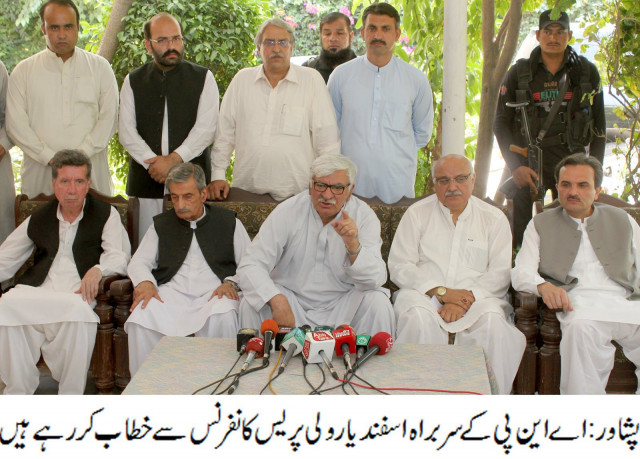 anp chief asfandyar wali speaking at the press conference today photo express sameer raziq