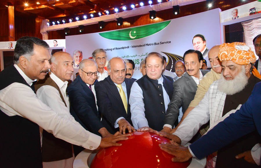 prime minister nawaz sharif along with other political leaders inaugurates the rawalpindi islamabad metro bus service in islamabad on thursday june 4 2015 photo pid