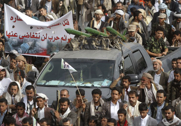 mock missiles are mounted on a truck during an anti saudi demonstration by houthi followers in sanaa photo reuters