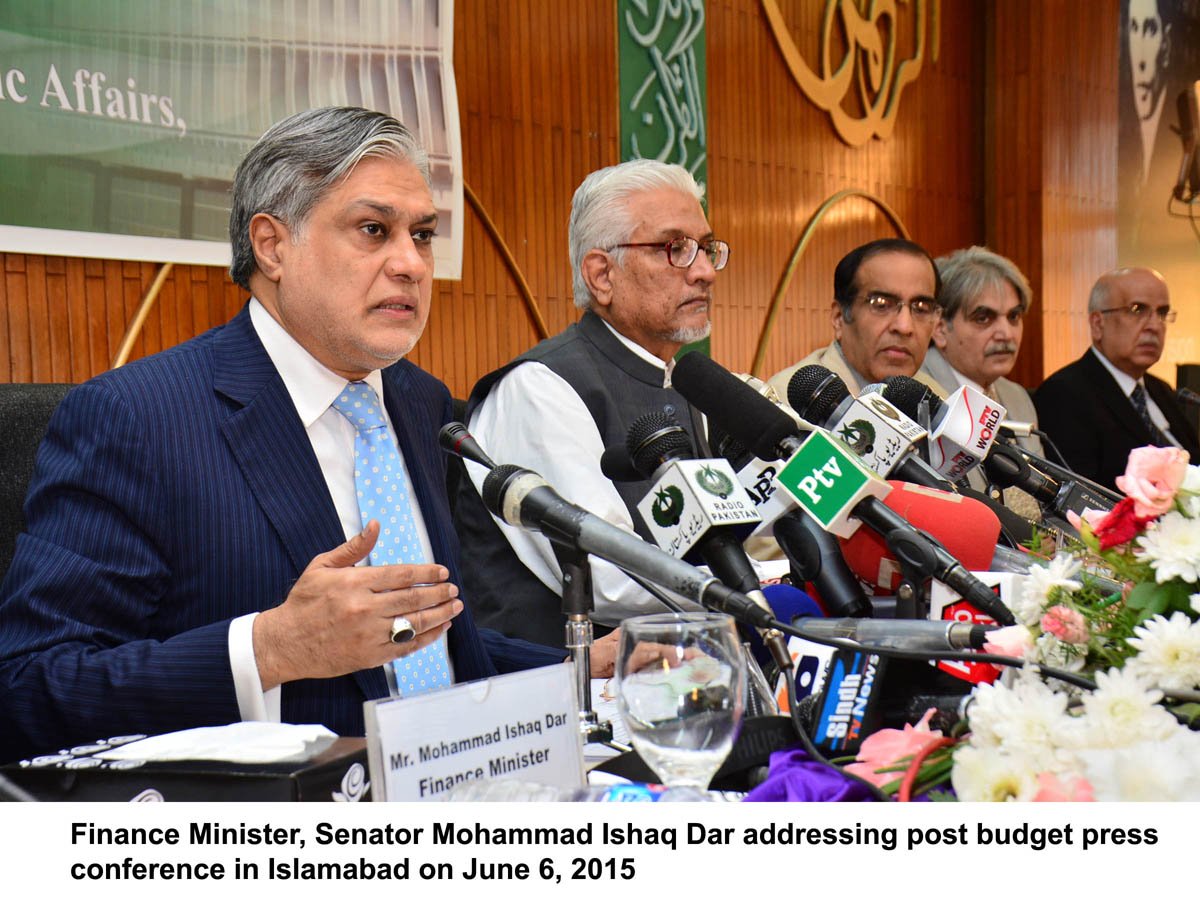 finance minister ishaq dar addressing the media during the post budget press conference photo pid