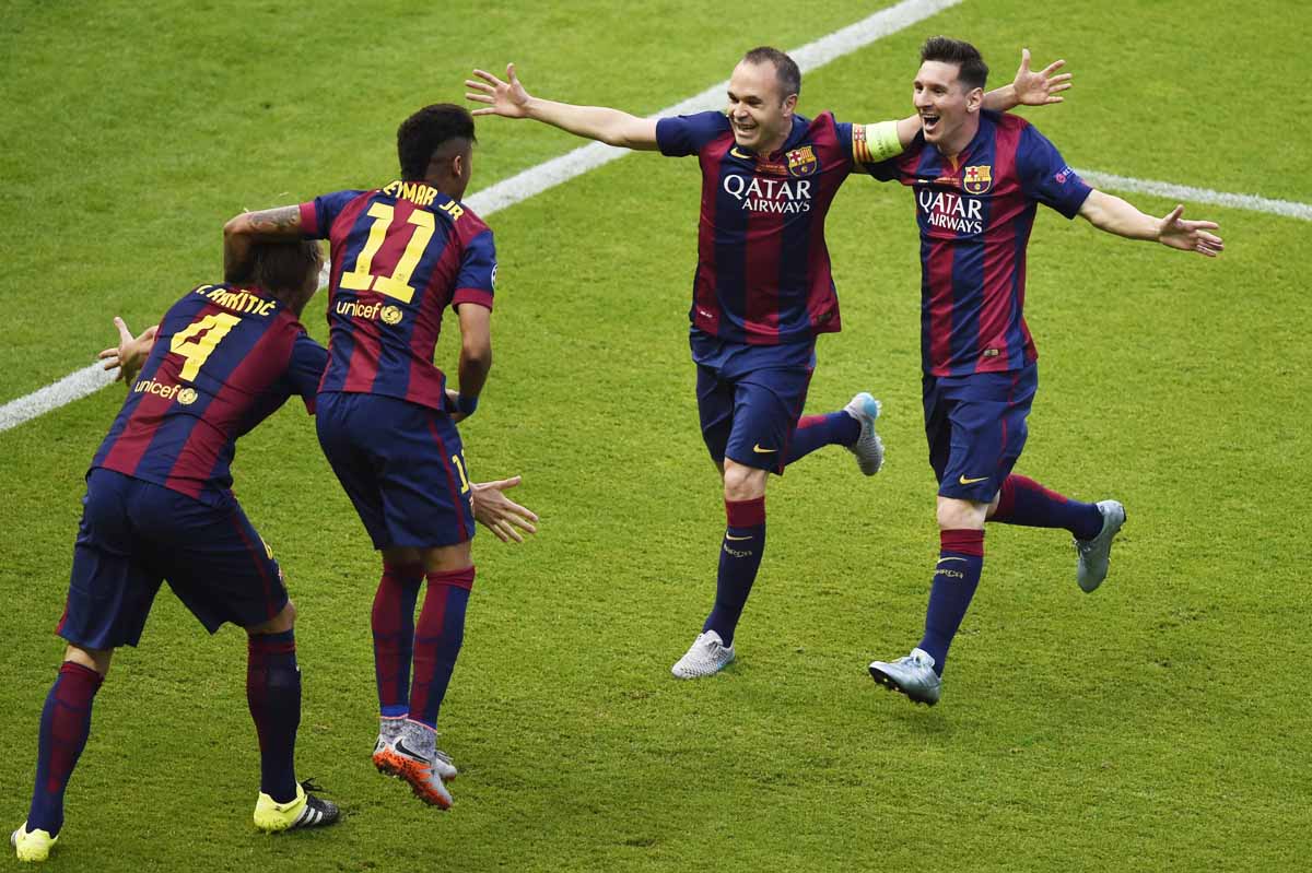 barcelona players celebrate after scoring against juventus in the uefa champions league photo afp