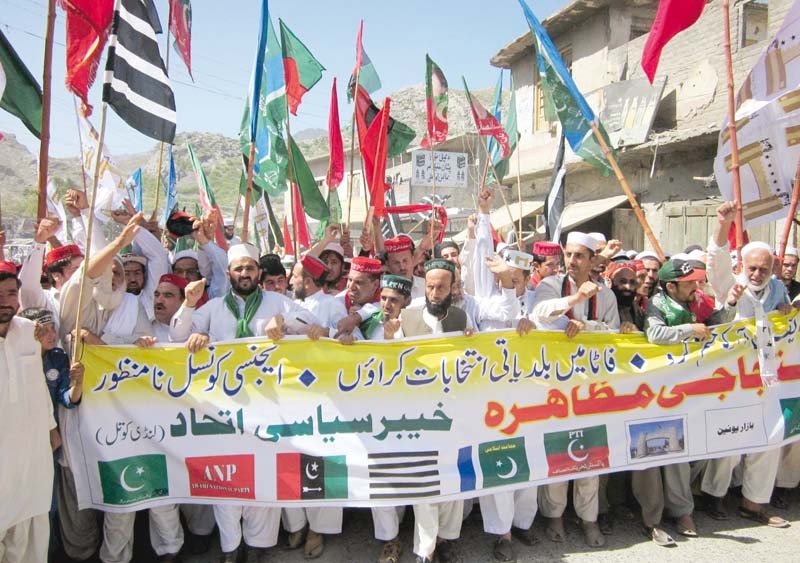 members of khyber political alliance take out a rally in landikotal photo ppi