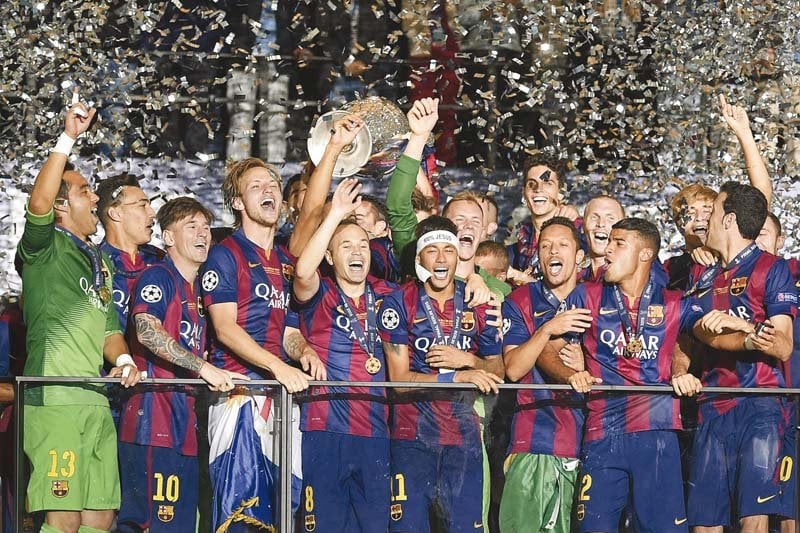 barcelona lift the champions league trophy after their 3 1 win over juventus in the final in berlin top juventus players are applauded by barcelona as they make their way to collect their silver medals bottom photos afp